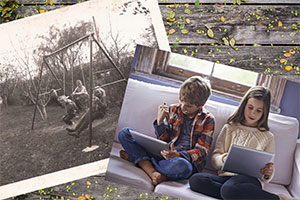 Old photograph of kids playing on swings and new photograph of kids playing video games