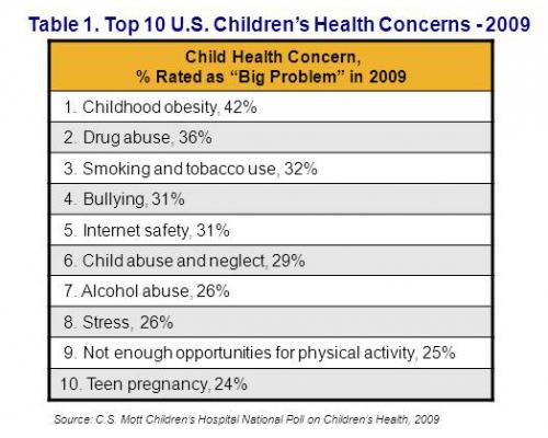 Top 10 U.S. children's health concerns - 2009